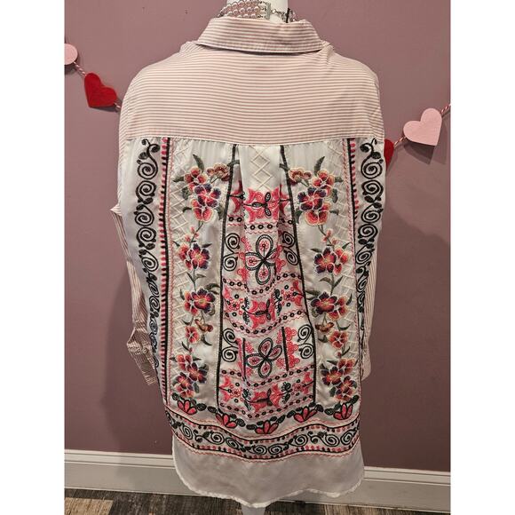 John mark button down Womens large pink stripe embroidered boho pearl buttons - Picture 8 of 9